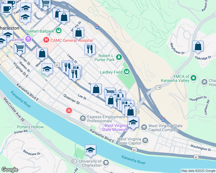 map of restaurants, bars, coffee shops, grocery stores, and more near 1568 Lewis St in Charleston