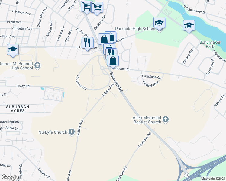 map of restaurants, bars, coffee shops, grocery stores, and more near 707 Ramsey Court in Salisbury