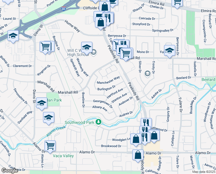 map of restaurants, bars, coffee shops, grocery stores, and more near 515 Burlington Drive in Vacaville