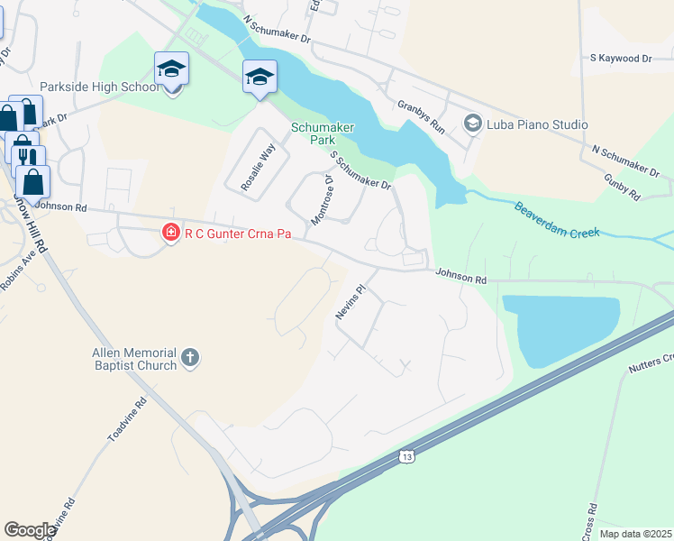 map of restaurants, bars, coffee shops, grocery stores, and more near 966 Johnson Road in Salisbury