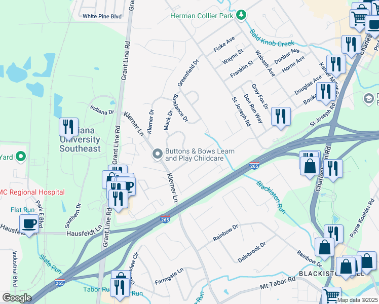 map of restaurants, bars, coffee shops, grocery stores, and more near 4104 Stone Place in New Albany