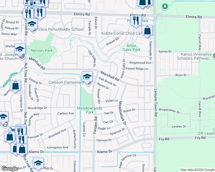 map of restaurants, bars, coffee shops, grocery stores, and more near 755 Raven Drive in Vacaville