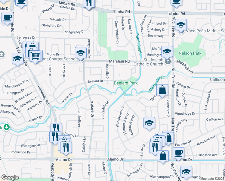 map of restaurants, bars, coffee shops, grocery stores, and more near 637 Mathews Court in Vacaville