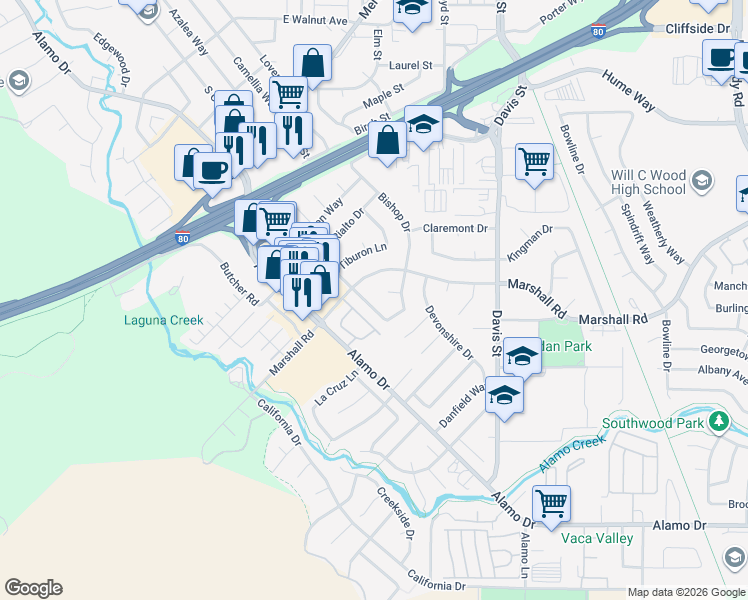 map of restaurants, bars, coffee shops, grocery stores, and more near 664 Cordelia Circle in Vacaville