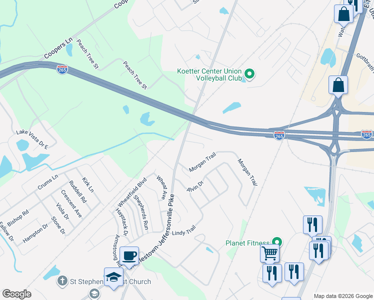 map of restaurants, bars, coffee shops, grocery stores, and more near 3436 Charlestown Pike in Jeffersonville