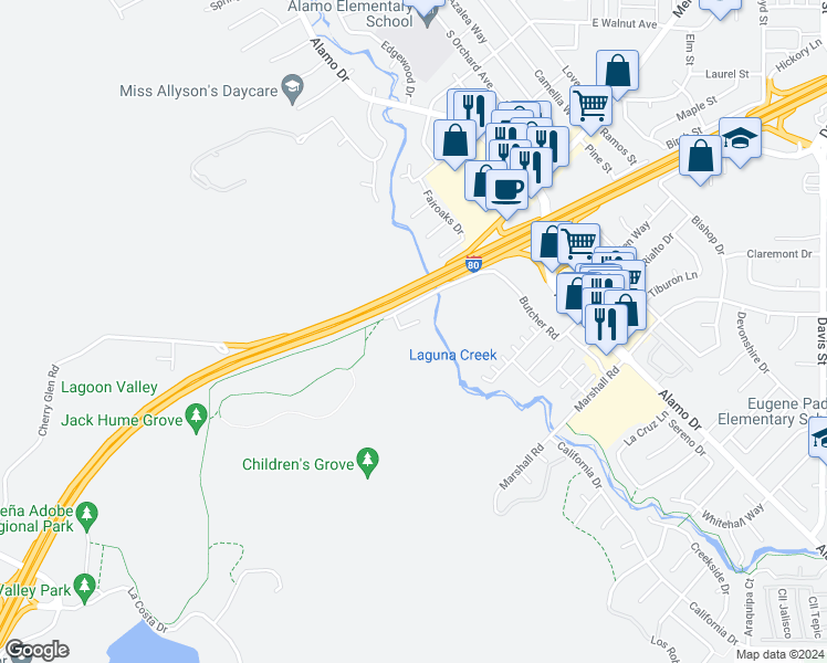 map of restaurants, bars, coffee shops, grocery stores, and more near 370 Butcher Road in Vacaville