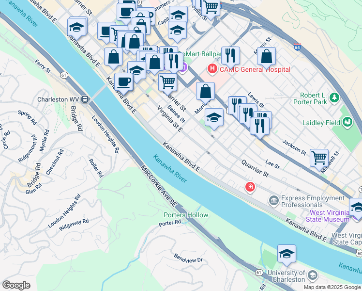 map of restaurants, bars, coffee shops, grocery stores, and more near 1310 Kanawha Boulevard East in Charleston