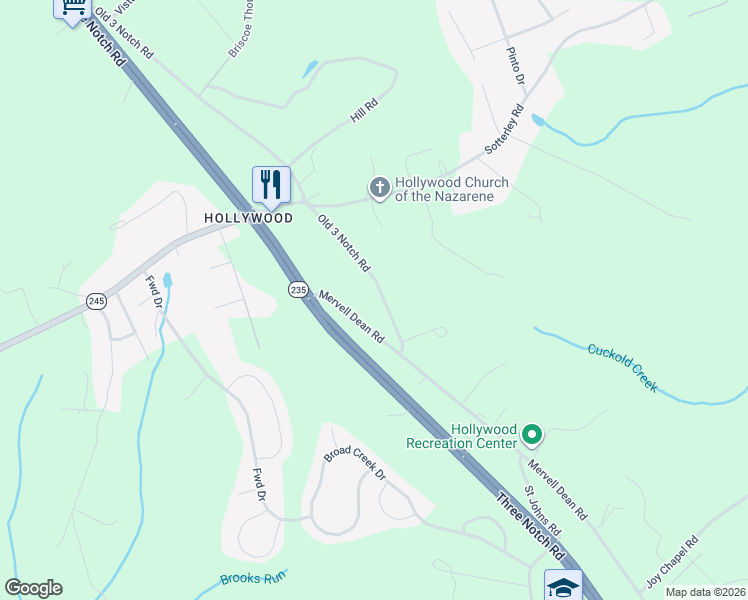 map of restaurants, bars, coffee shops, grocery stores, and more near 24605 Old 3 Notch Road in Hollywood