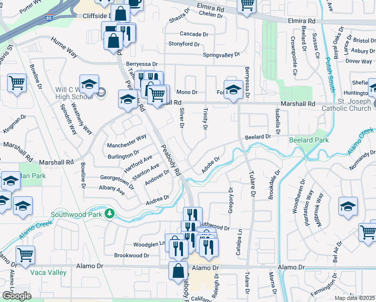 map of restaurants, bars, coffee shops, grocery stores, and more near 596 Silver Drive in Vacaville