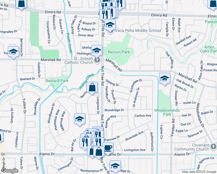 map of restaurants, bars, coffee shops, grocery stores, and more near 675 Hamilton Drive in Vacaville