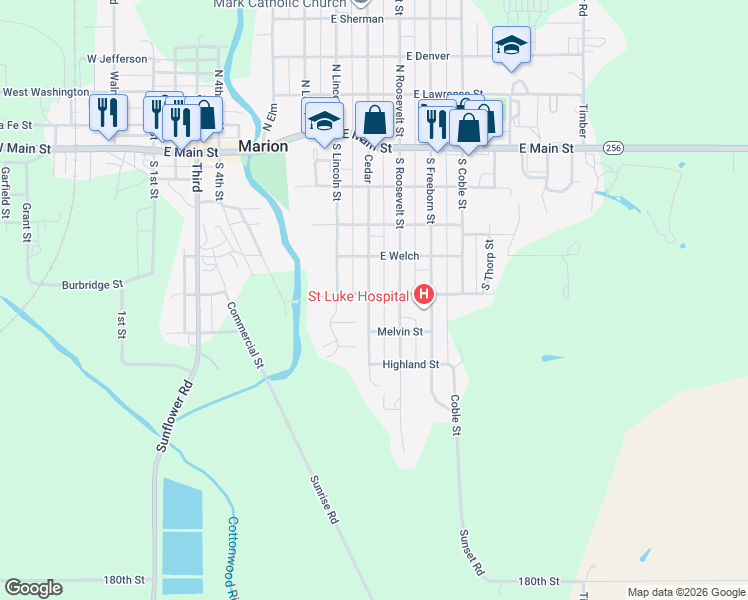 map of restaurants, bars, coffee shops, grocery stores, and more near 500 South Cedar in Marion