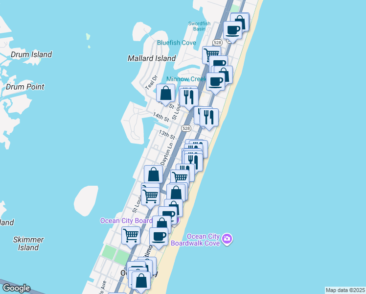 map of restaurants, bars, coffee shops, grocery stores, and more near 1206 Philadelphia Avenue in Ocean City