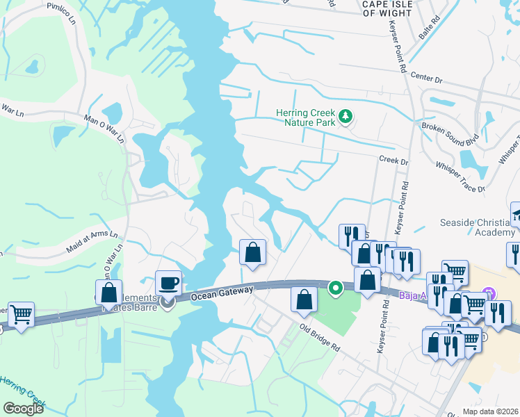 map of restaurants, bars, coffee shops, grocery stores, and more near 12326 Pine Rest Drive in Ocean City