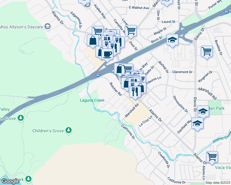 map of restaurants, bars, coffee shops, grocery stores, and more near 101 Barbera Court in Vacaville