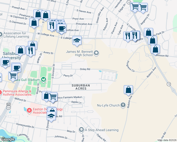 map of restaurants, bars, coffee shops, grocery stores, and more near 156 Onley Road in Salisbury