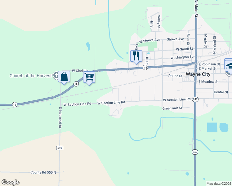 map of restaurants, bars, coffee shops, grocery stores, and more near 14 West Section Line Road in Wayne City