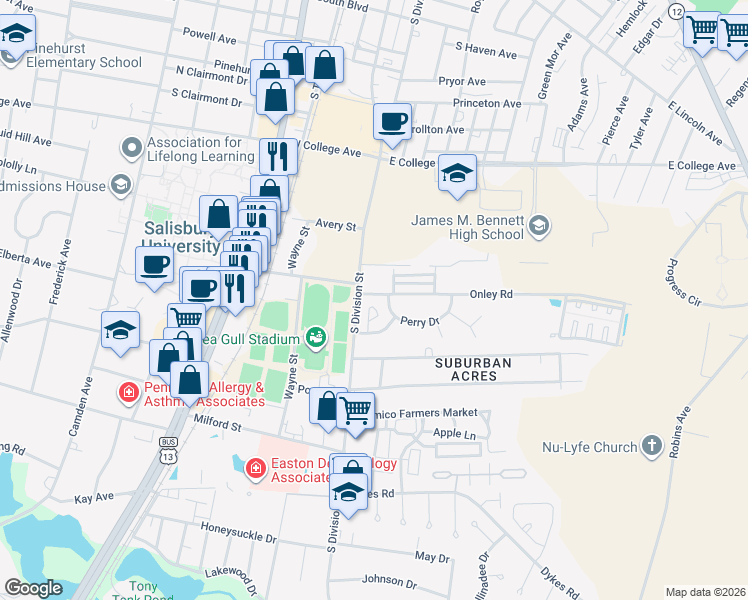 map of restaurants, bars, coffee shops, grocery stores, and more near 108 Onley Road in Salisbury
