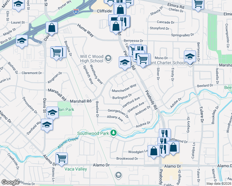 map of restaurants, bars, coffee shops, grocery stores, and more near 479 Burlington Drive in Vacaville