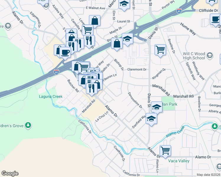 map of restaurants, bars, coffee shops, grocery stores, and more near 664 Cordelia Circle in Vacaville