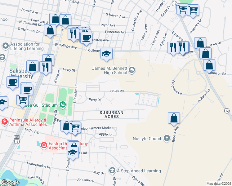 map of restaurants, bars, coffee shops, grocery stores, and more near 156 Onley Road in Salisbury