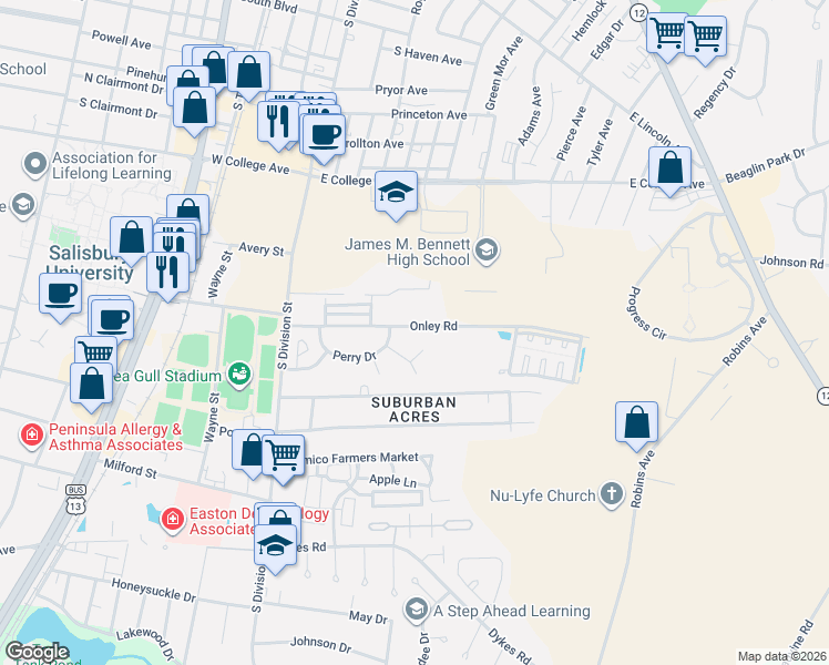 map of restaurants, bars, coffee shops, grocery stores, and more near 102 Rickover Court in Salisbury
