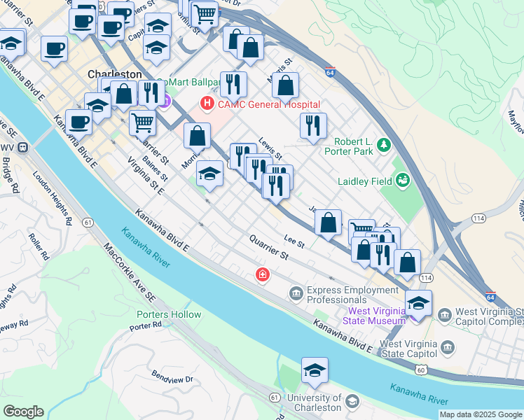map of restaurants, bars, coffee shops, grocery stores, and more near 1429 Lee Street East in Charleston