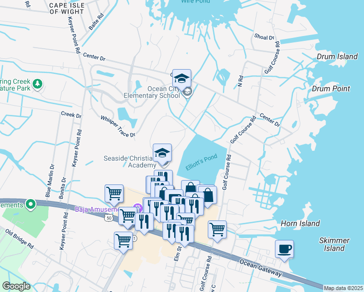 map of restaurants, bars, coffee shops, grocery stores, and more near 10110 Queens Circle in Ocean City