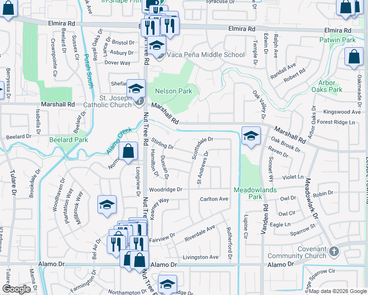 map of restaurants, bars, coffee shops, grocery stores, and more near 163 Stirling Drive in Vacaville