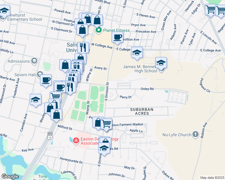 map of restaurants, bars, coffee shops, grocery stores, and more near 1171 South Division Street in Salisbury