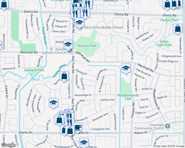 map of restaurants, bars, coffee shops, grocery stores, and more near 163 Stirling Drive in Vacaville