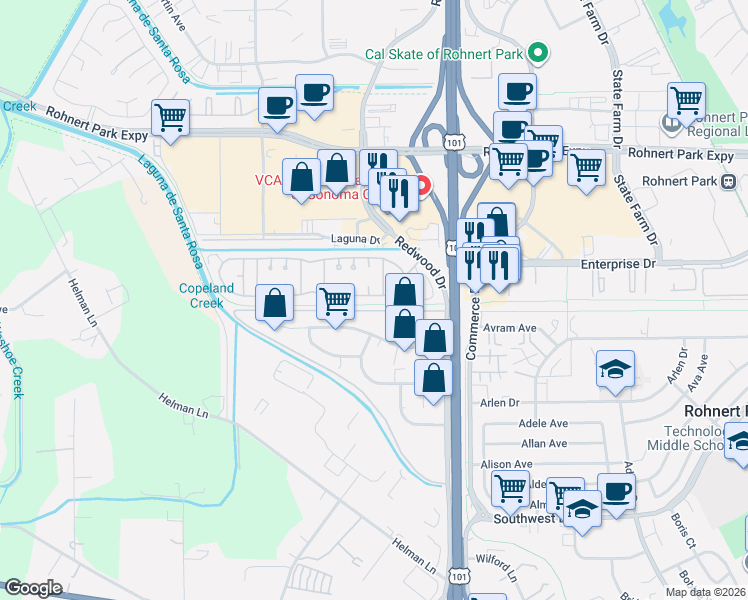 map of restaurants, bars, coffee shops, grocery stores, and more near 39 Madrigal Street in Rohnert Park