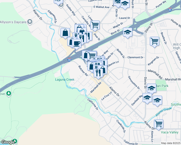 map of restaurants, bars, coffee shops, grocery stores, and more near 111 Butcher Road in Vacaville