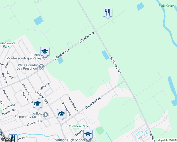map of restaurants, bars, coffee shops, grocery stores, and more near 3091 Big Ranch Road in Napa
