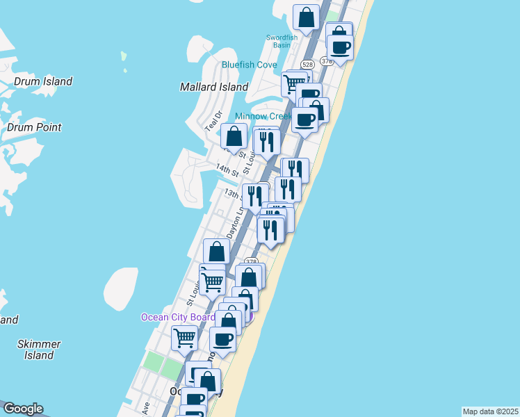 map of restaurants, bars, coffee shops, grocery stores, and more near 1206 Philadelphia Avenue in Ocean City