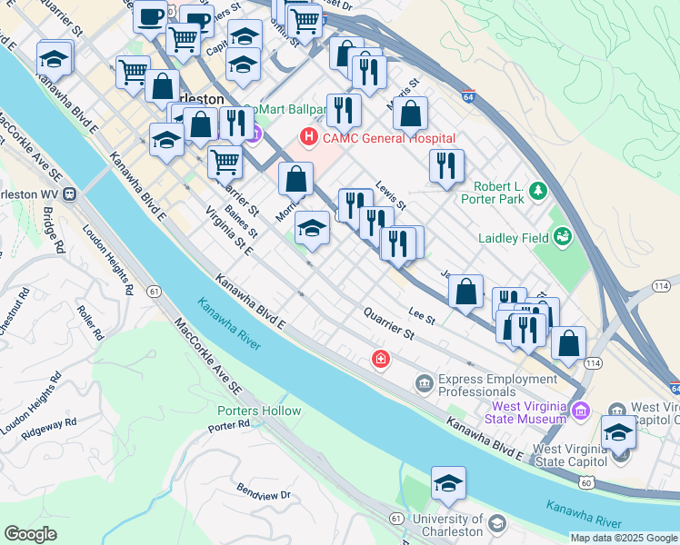 map of restaurants, bars, coffee shops, grocery stores, and more near 1416 Quarrier Street in Charleston