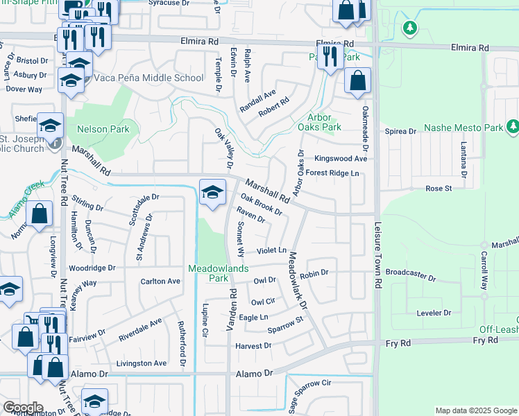 map of restaurants, bars, coffee shops, grocery stores, and more near 748 Oak Brook Drive in Vacaville
