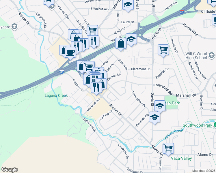 map of restaurants, bars, coffee shops, grocery stores, and more near 598 Marshall Road in Vacaville