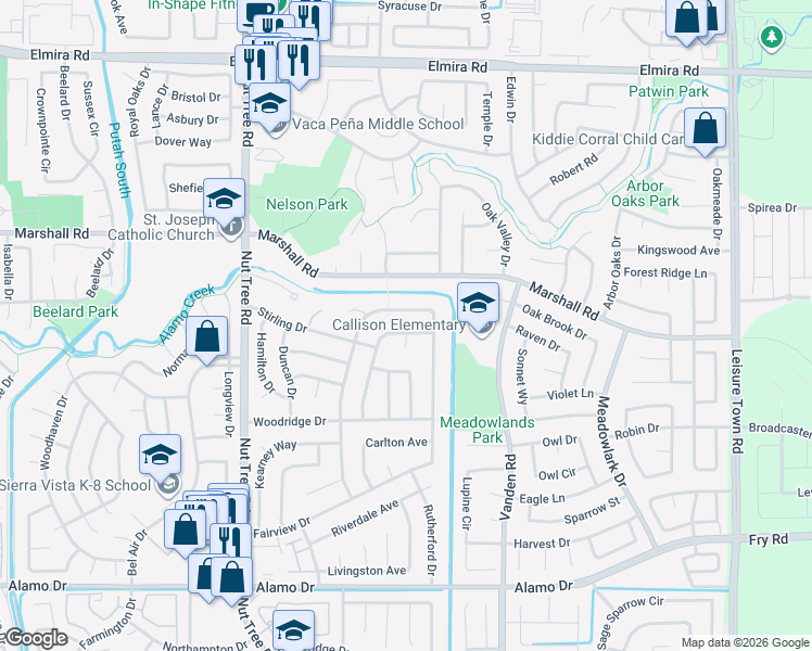 map of restaurants, bars, coffee shops, grocery stores, and more near 685 Saint Andrews Drive in Vacaville
