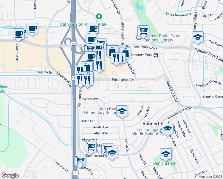 map of restaurants, bars, coffee shops, grocery stores, and more near 261 Enterprise Drive in Rohnert Park
