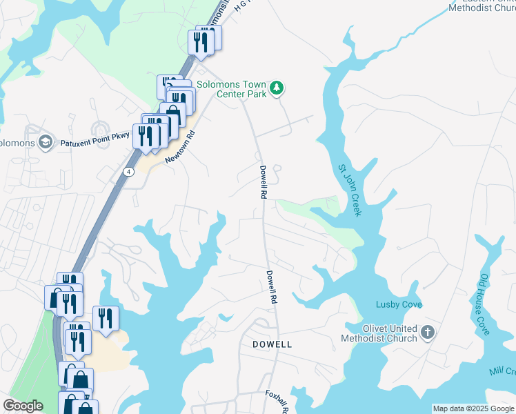 map of restaurants, bars, coffee shops, grocery stores, and more near 13586 Darlenes Court in Solomons