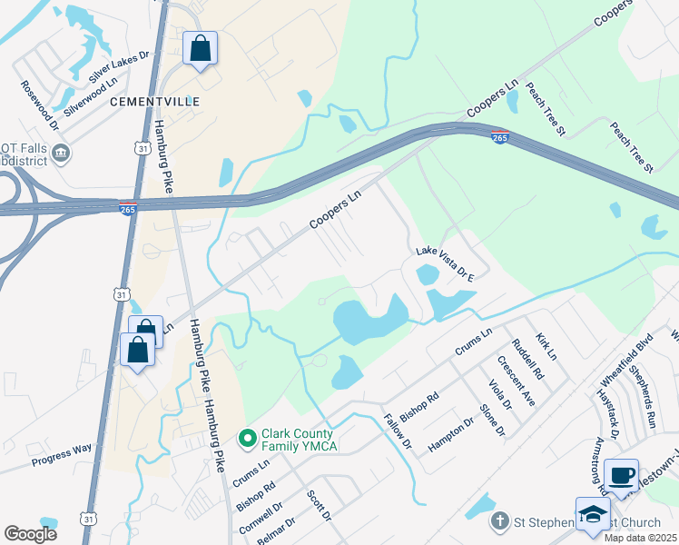 map of restaurants, bars, coffee shops, grocery stores, and more near 2710 Amber Waves Drive in Jeffersonville