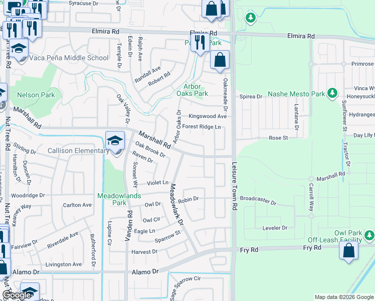 map of restaurants, bars, coffee shops, grocery stores, and more near 1253 Meadowlark Drive in Vacaville