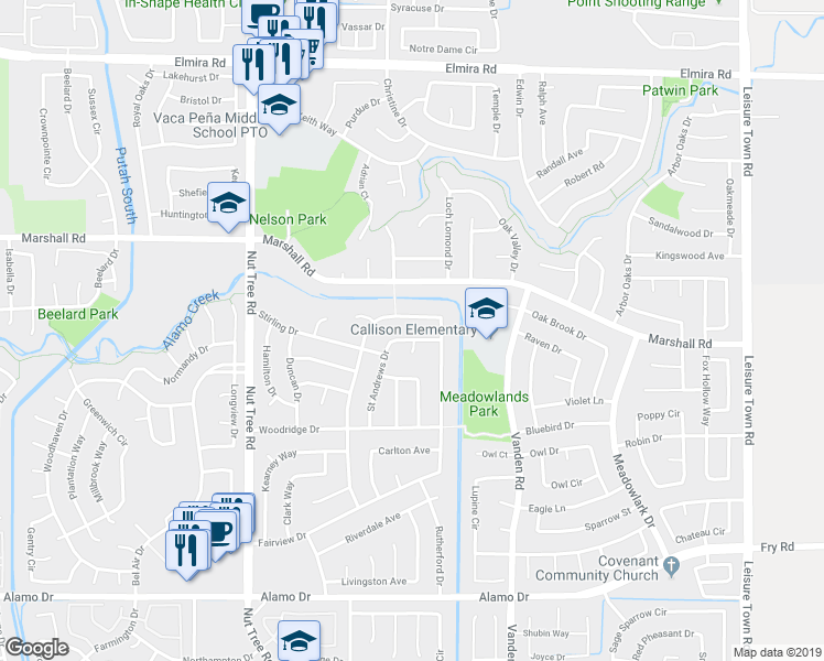 map of restaurants, bars, coffee shops, grocery stores, and more near 685 Saint Andrews Drive in Vacaville