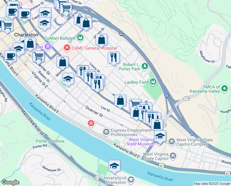 map of restaurants, bars, coffee shops, grocery stores, and more near 1548 Jackson Street in Charleston