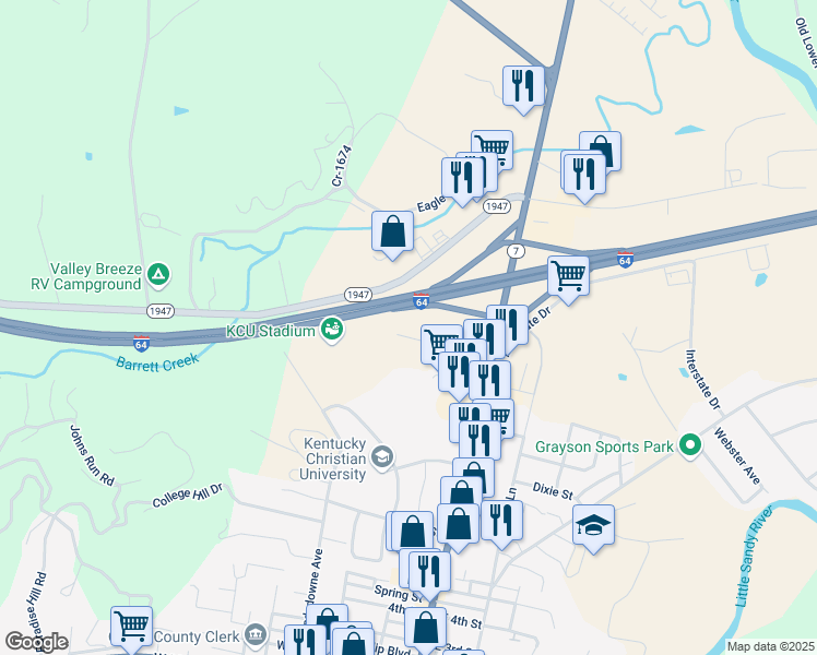 map of restaurants, bars, coffee shops, grocery stores, and more near 200 Everman Street in Grayson