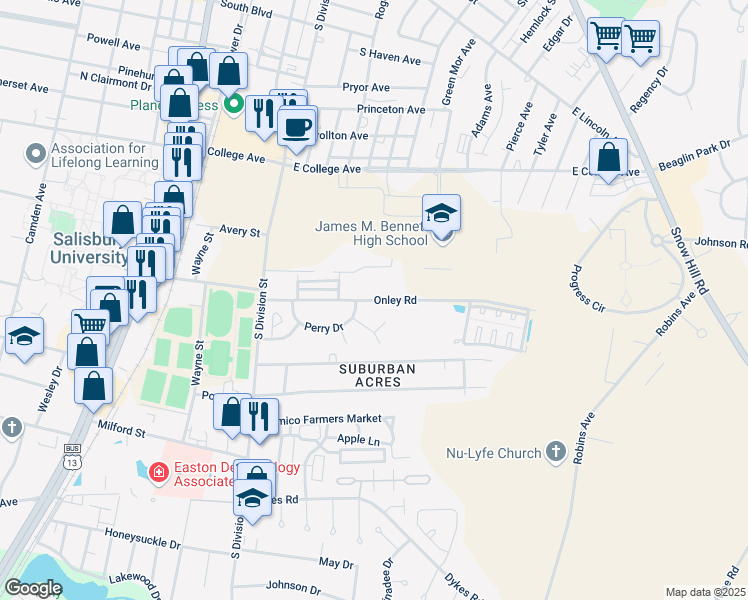 map of restaurants, bars, coffee shops, grocery stores, and more near 148 Onley Road in Salisbury
