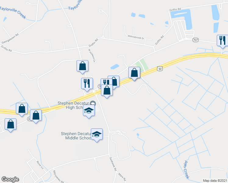 map of restaurants, bars, coffee shops, grocery stores, and more near 10734 Ocean Gateway in Berlin