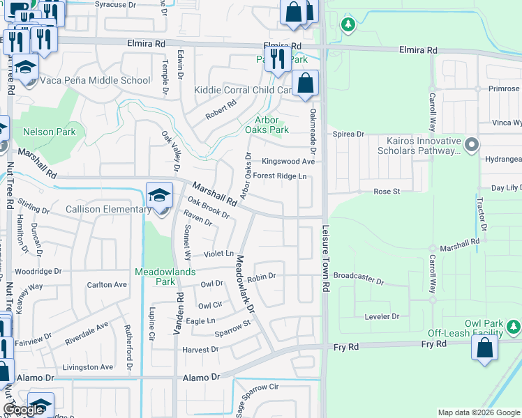 map of restaurants, bars, coffee shops, grocery stores, and more near 1253 Meadowlark Drive in Vacaville