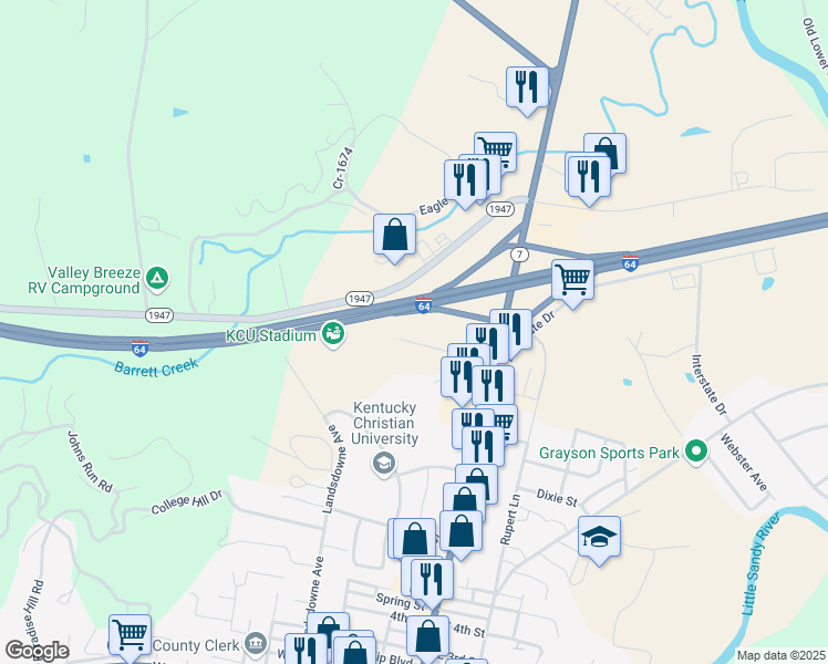 map of restaurants, bars, coffee shops, grocery stores, and more near 200 Everman Street in Grayson