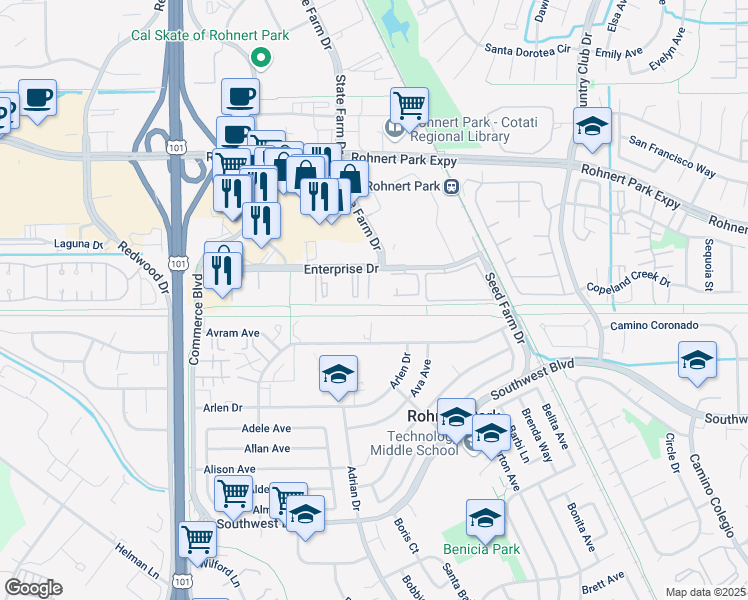 map of restaurants, bars, coffee shops, grocery stores, and more near 401 Enterprise Drive in Rohnert Park